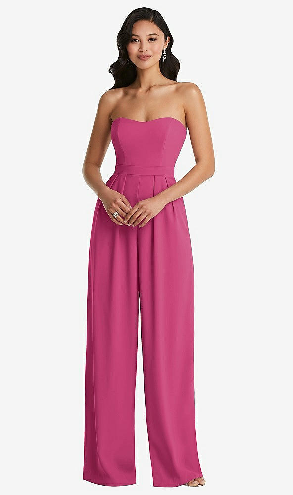 Front View - Tea Rose Strapless Pleated Front Jumpsuit with Pockets