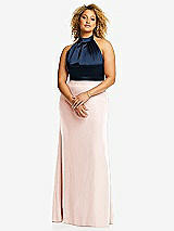 Front View Thumbnail - Blush & Midnight Navy High-Neck Open-Back Maxi Dress with Scarf Tie