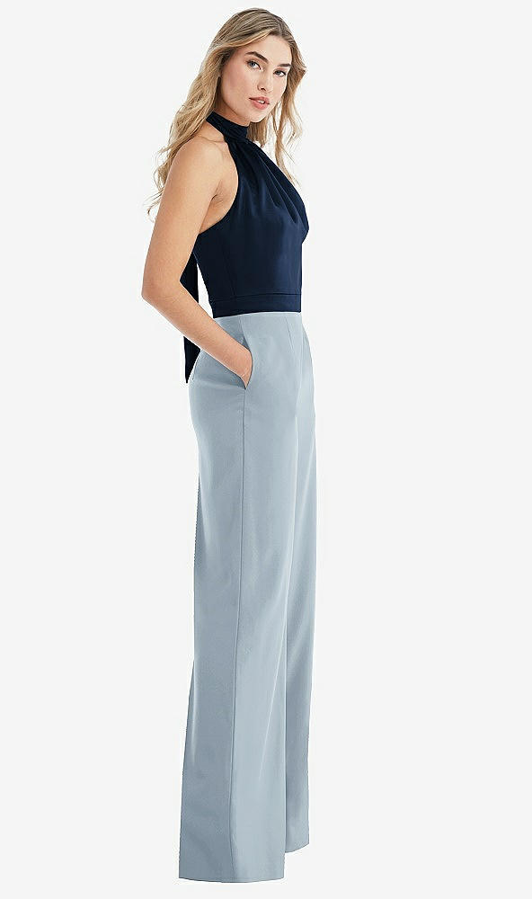 Front View - Mist & Midnight Navy High-Neck Open-Back Jumpsuit with Scarf Tie