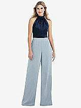 Side View Thumbnail - Mist & Midnight Navy High-Neck Open-Back Jumpsuit with Scarf Tie