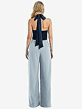 Rear View Thumbnail - Mist & Midnight Navy High-Neck Open-Back Jumpsuit with Scarf Tie
