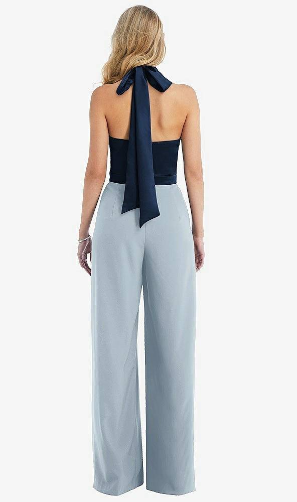 Back View - Mist & Midnight Navy High-Neck Open-Back Jumpsuit with Scarf Tie