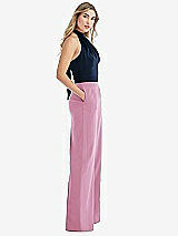 Front View Thumbnail - Powder Pink & Midnight Navy High-Neck Open-Back Jumpsuit with Scarf Tie