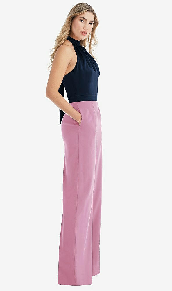 Front View - Powder Pink & Midnight Navy High-Neck Open-Back Jumpsuit with Scarf Tie