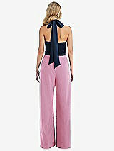 Rear View Thumbnail - Powder Pink & Midnight Navy High-Neck Open-Back Jumpsuit with Scarf Tie