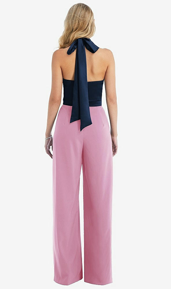 Back View - Powder Pink & Midnight Navy High-Neck Open-Back Jumpsuit with Scarf Tie