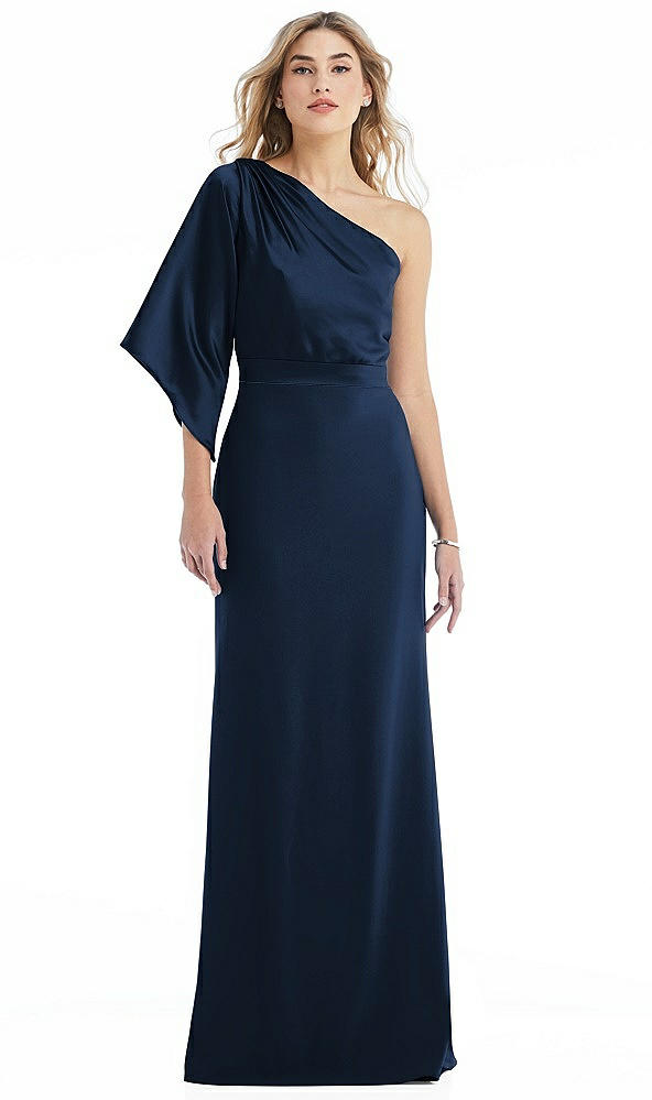 Front View - Midnight Navy & Midnight Navy One-Shoulder Bell Sleeve Trumpet Gown