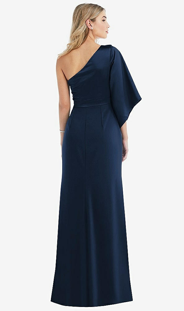 Back View - Midnight Navy & Midnight Navy One-Shoulder Bell Sleeve Trumpet Gown
