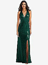Front View Thumbnail - Hunter Green Halter Wrap Sequin Trumpet Gown with Front Slit