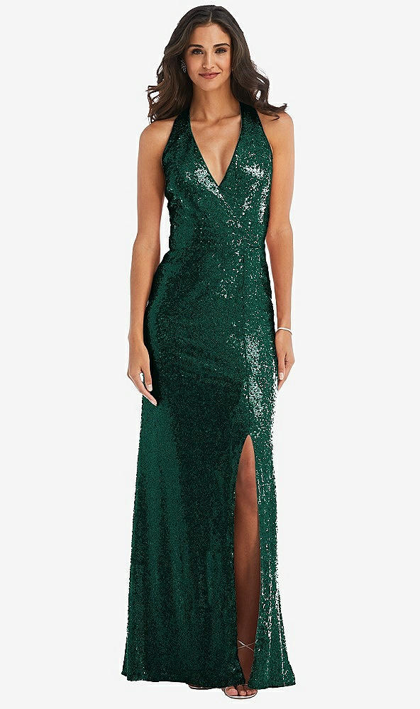 Front View - Hunter Green Halter Wrap Sequin Trumpet Gown with Front Slit