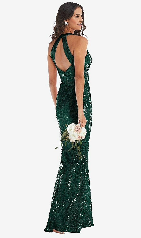 Back View - Hunter Green Halter Wrap Sequin Trumpet Gown with Front Slit