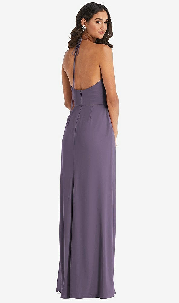 Back View - Lavender Spaghetti Strap Tie Halter Backless Trumpet Gown