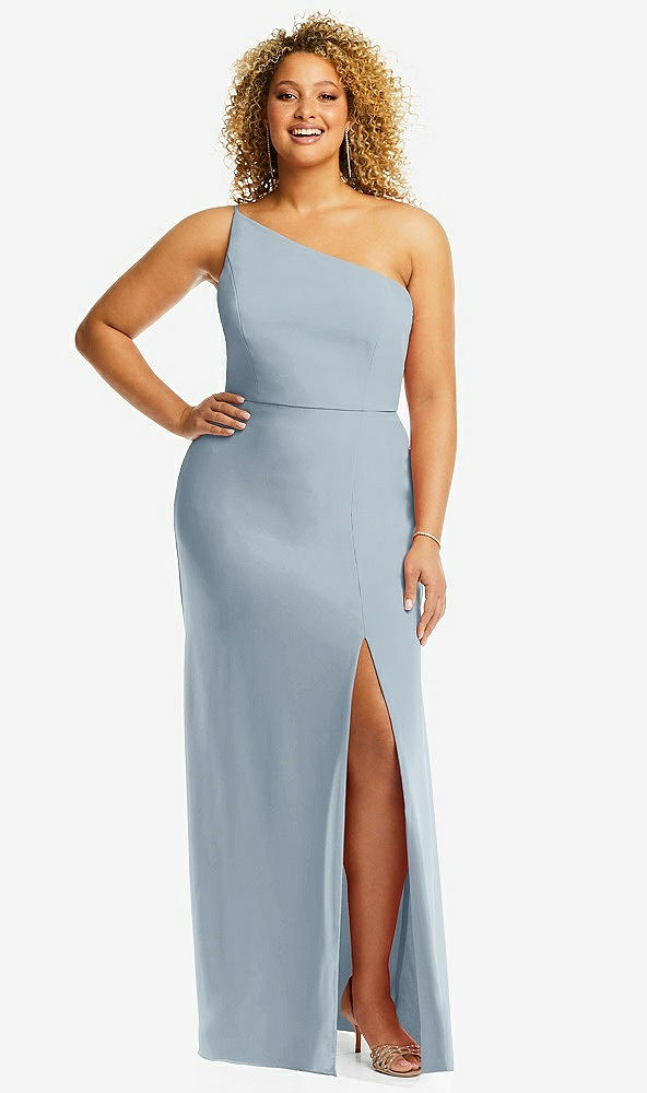 Front View - Mist Skinny One-Shoulder Trumpet Gown with Front Slit