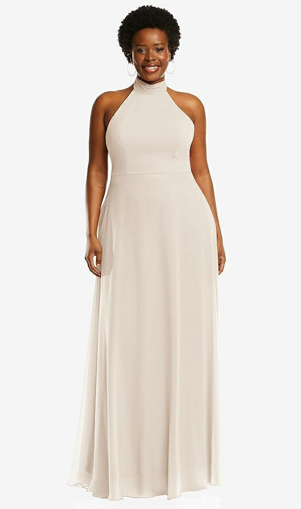 Front View - Oat High Neck Halter Backless Maxi Dress