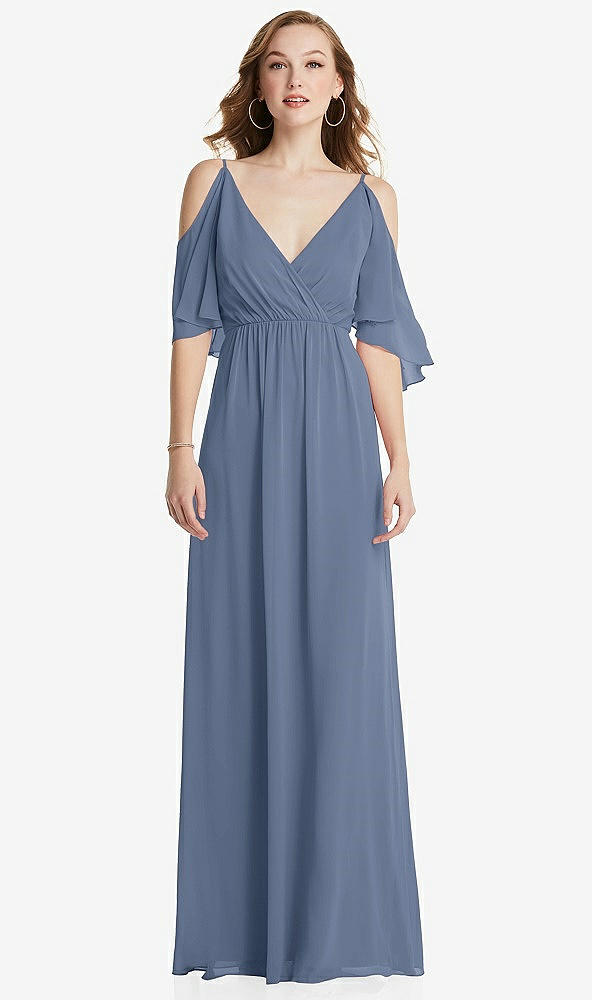Front View - Larkspur Blue Convertible Cold-Shoulder Draped Wrap Maxi Dress
