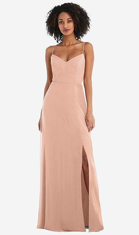 Front View - Pale Peach Tie-Back Cutout Maxi Dress with Front Slit