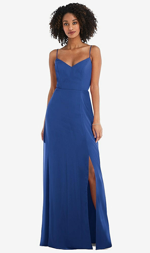 Front View - Classic Blue Tie-Back Cutout Maxi Dress with Front Slit