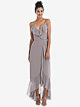 Front View Thumbnail - Cashmere Gray Ruffle-Trimmed V-Neck High Low Wrap Dress