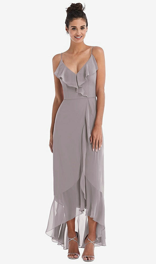 Front View - Cashmere Gray Ruffle-Trimmed V-Neck High Low Wrap Dress