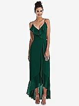 Front View Thumbnail - Hunter Green Ruffle-Trimmed V-Neck High Low Wrap Dress
