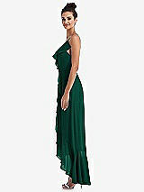 Side View Thumbnail - Hunter Green Ruffle-Trimmed V-Neck High Low Wrap Dress