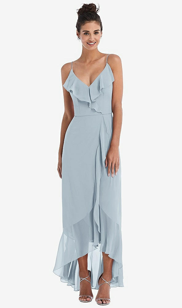 Front View - Mist Ruffle-Trimmed V-Neck High Low Wrap Dress