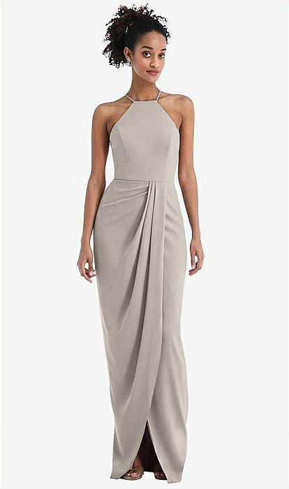 Halter Draped Tulip Skirt Maxi Bridesmaid Dress In Taupe | The