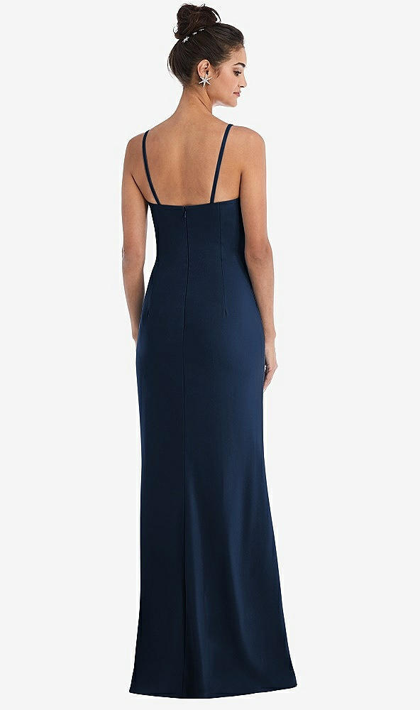 Back View - Midnight Navy Notch Crepe Trumpet Gown with Front Slit