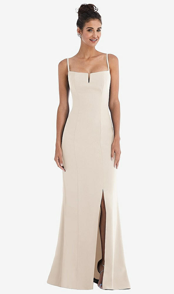 Front View - Oat Notch Crepe Trumpet Gown with Front Slit