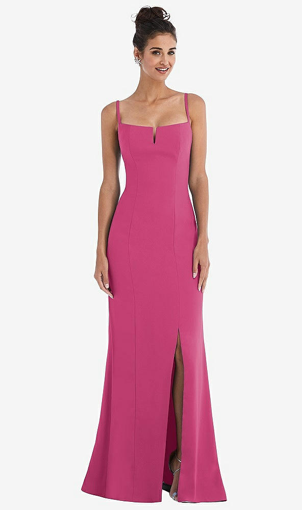 Front View - Tea Rose Notch Crepe Trumpet Gown with Front Slit