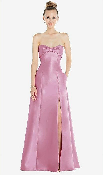 Bow Cuff Strapless Satin Ball Gown with Pockets