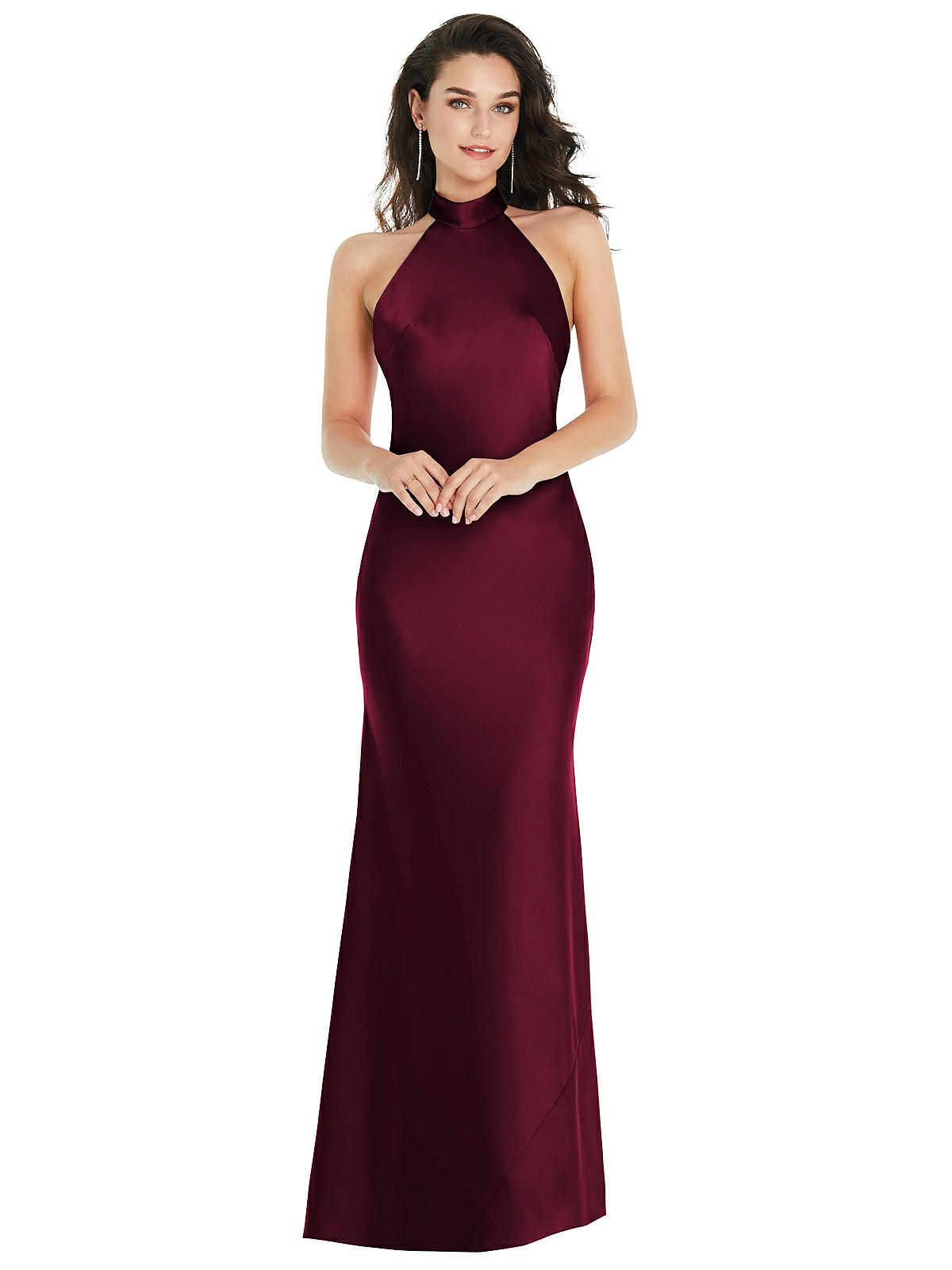 Scarf Tie High-neck Halter Maxi Slip Bridesmaid Dress In Cabernet