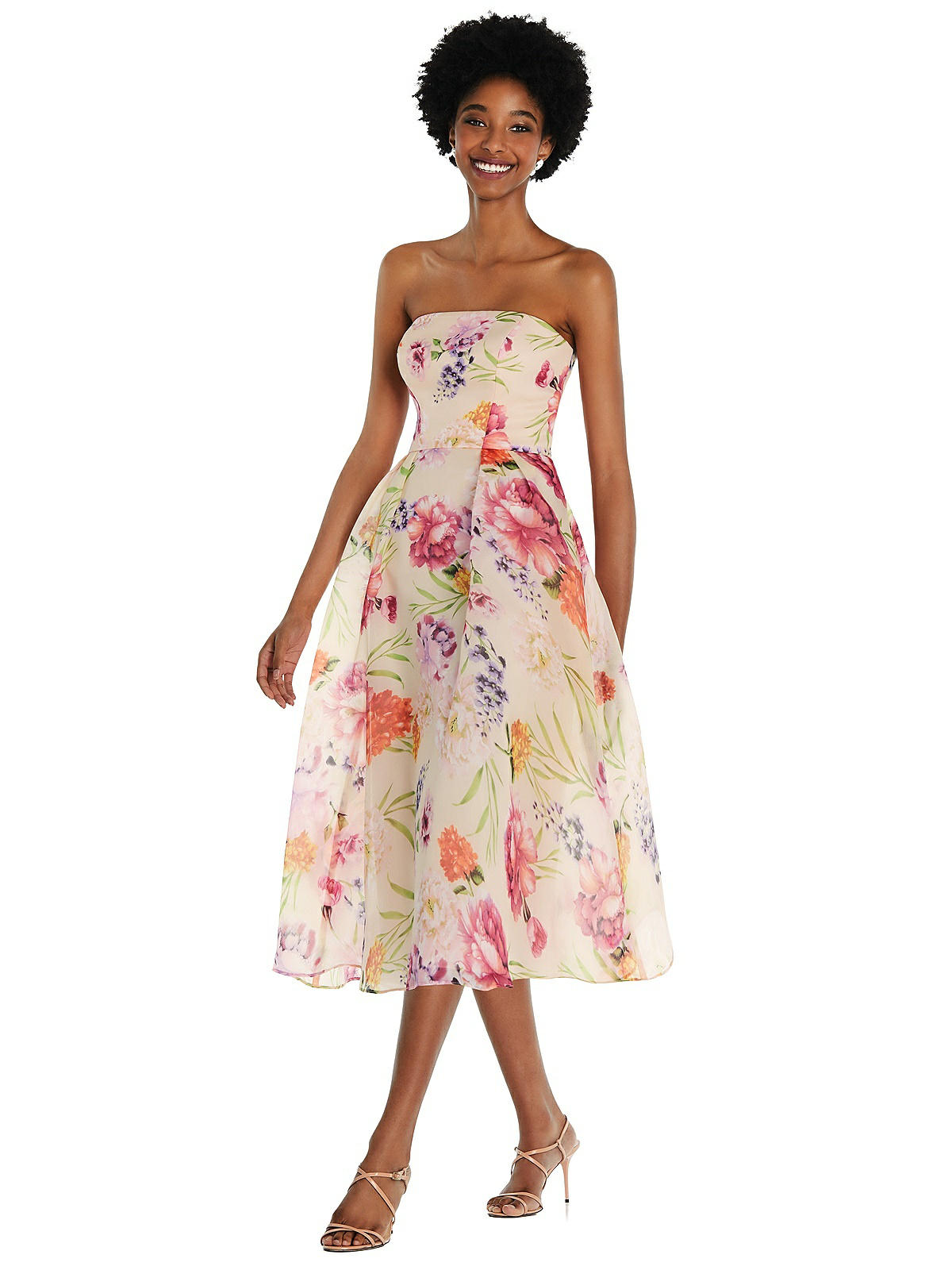 Strapless Pink Floral Organdy Midi Bridesmaid Dress In Penelope