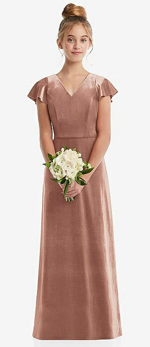 Flutter Sleeve Open-back Velvet Maxi Bridesmaid Dress With Draped Wrap  Skirt In Tawny Rose