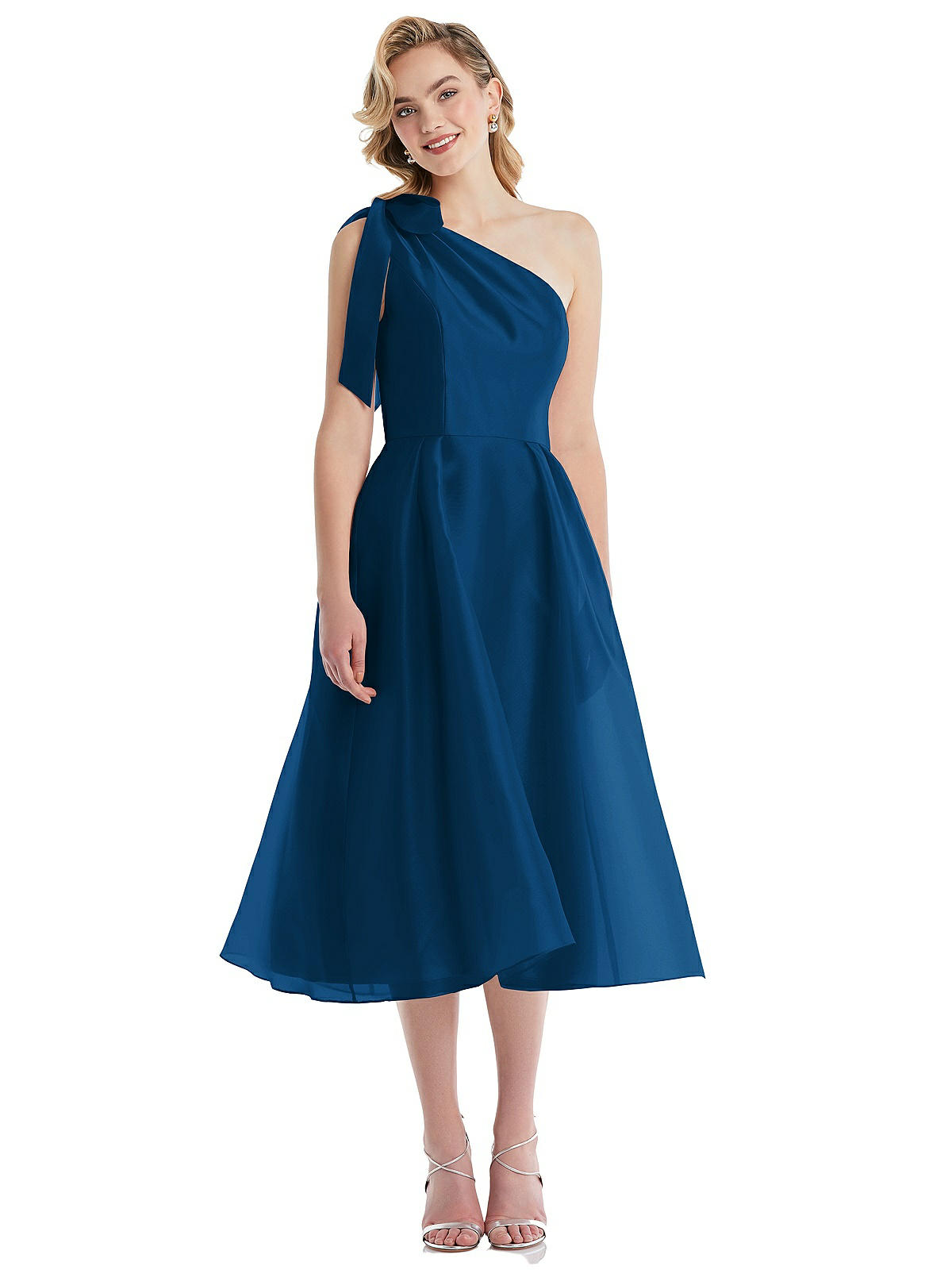 Scarf-tie One-shoulder Organdy Midi Bridesmaid Dress In Comet