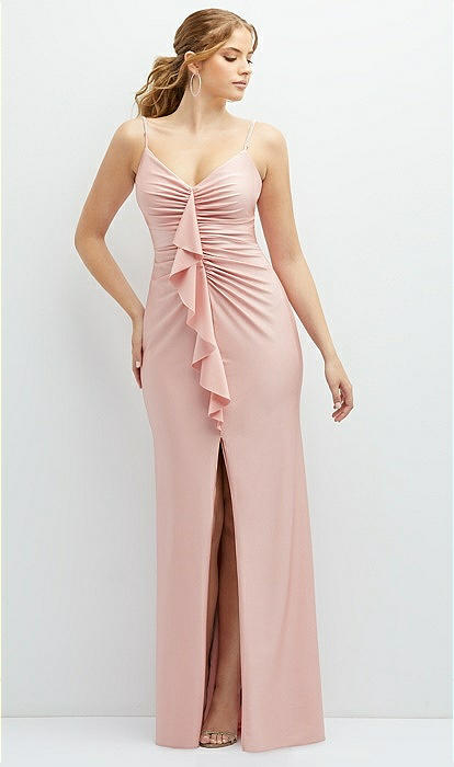 Rhinestone Strap Stretch Satin Maxi Dress with Vertical Cascade Ruffle