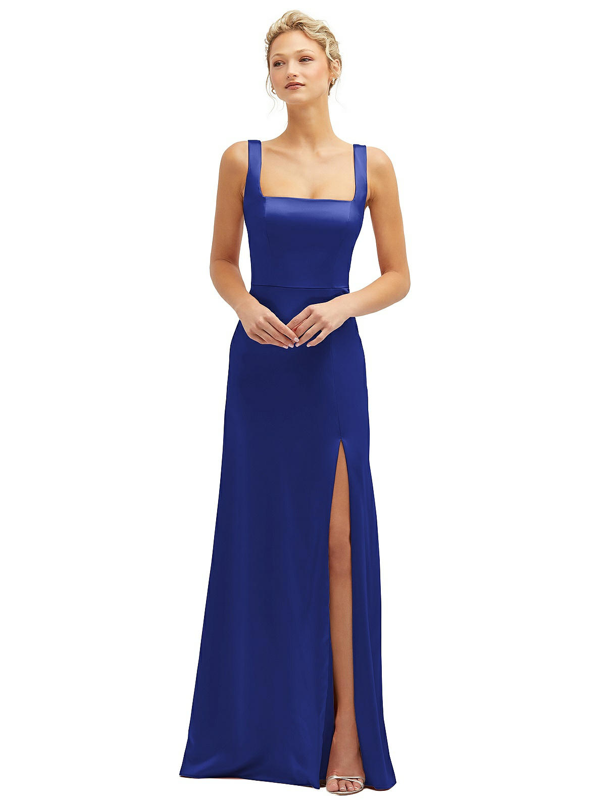 Square-neck Satin A-line Maxi Bridesmaid Dress With Front Slit In ...