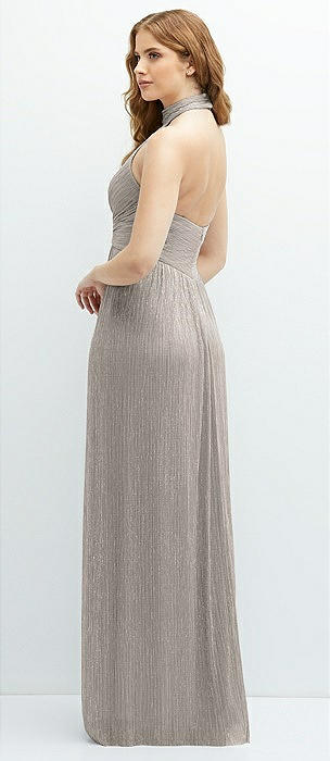 Band Collar Halter Open-back Metallic Pleated Maxi Bridesmaid