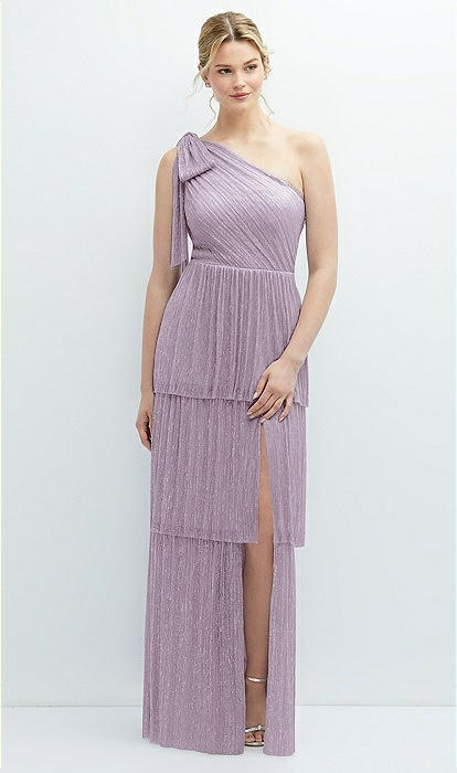 Tiered Skirt Metallic Pleated One-shoulder Bow Bridesmaid Dress In