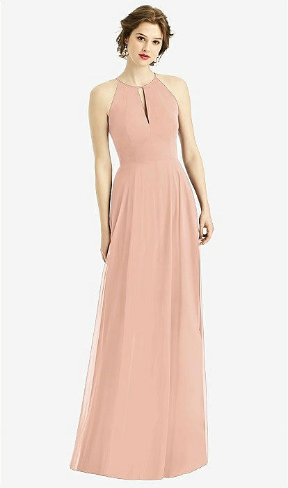 Shirred Skirt Jewel Neck Halter Bridesmaid Dress With Front Slit