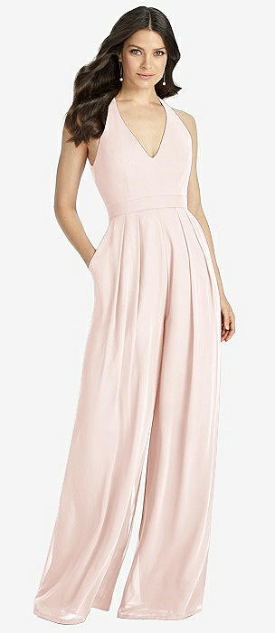 Collared style bridesmaids jumpsuit in blush color