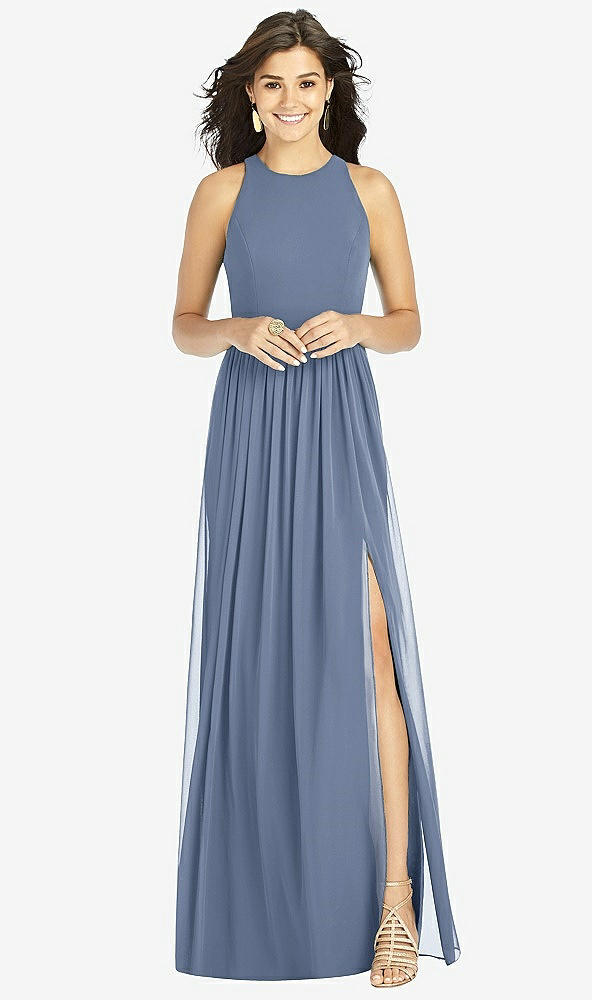 Shirred Skirt Jewel Neck Halter Bridesmaid Dress With Front Slit In