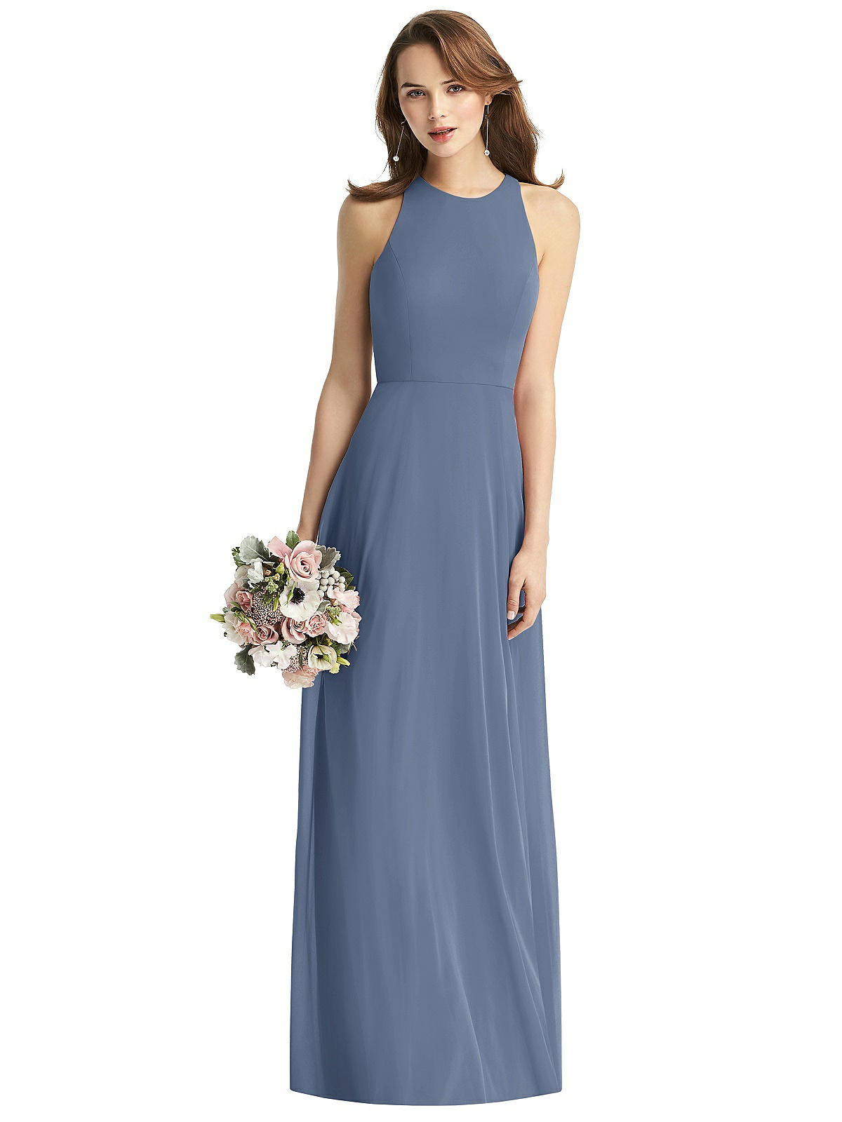 Sleeveless Halter Chiffon Maxi Bridesmaid Dress In Larkspur Blue