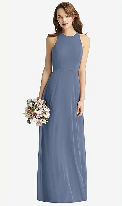 Sleeveless Halter Chiffon Maxi Bridesmaid Dress In Larkspur Blue