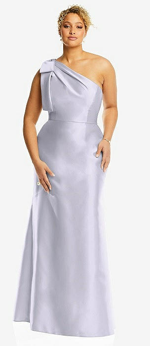 Oversized Flower One-shoulder Satin Column Bridesmaid Dress In Silver Dove