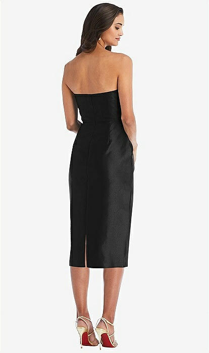 Strapless Bow-Waist Pleated Satin Pencil Dress with Pockets