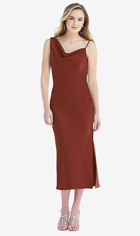 Front View - Auburn Moon Asymmetrical One-Shoulder Cowl Midi Slip Dress