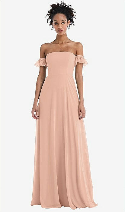 Off the Shoulder Ruffle Cuff Sleeve Chiffon Maxi Dress