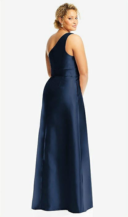 & Dress The | Navy Satin Draped With Dessy Pockets Navy Maxi In One-shoulder Group Midnight Bridesmaid Midnight
