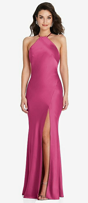 Halter Convertible Strap Bias Slip Dress With Front Slit